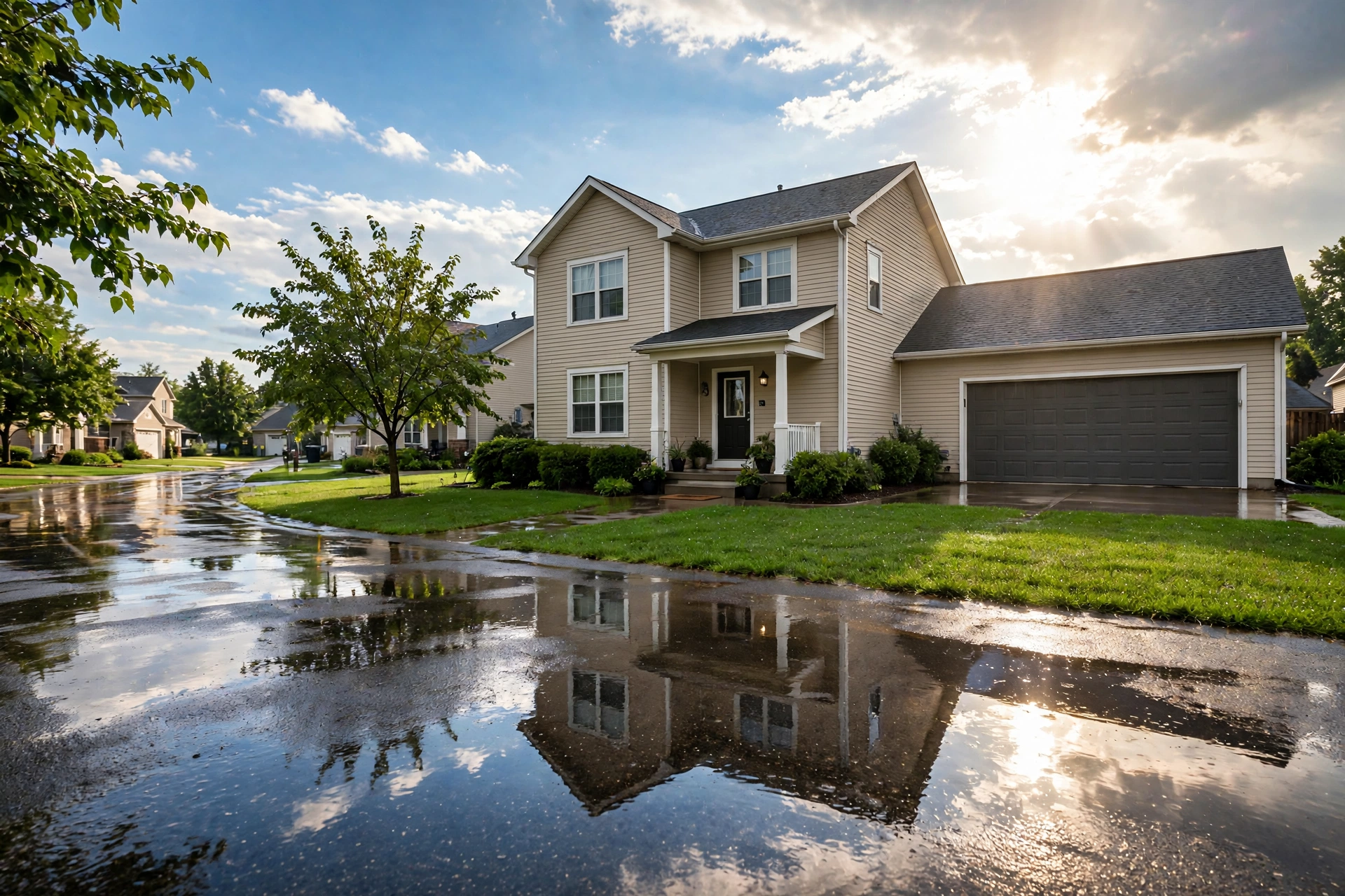 Suburban home under a clear sky after a storm, illustrative photo