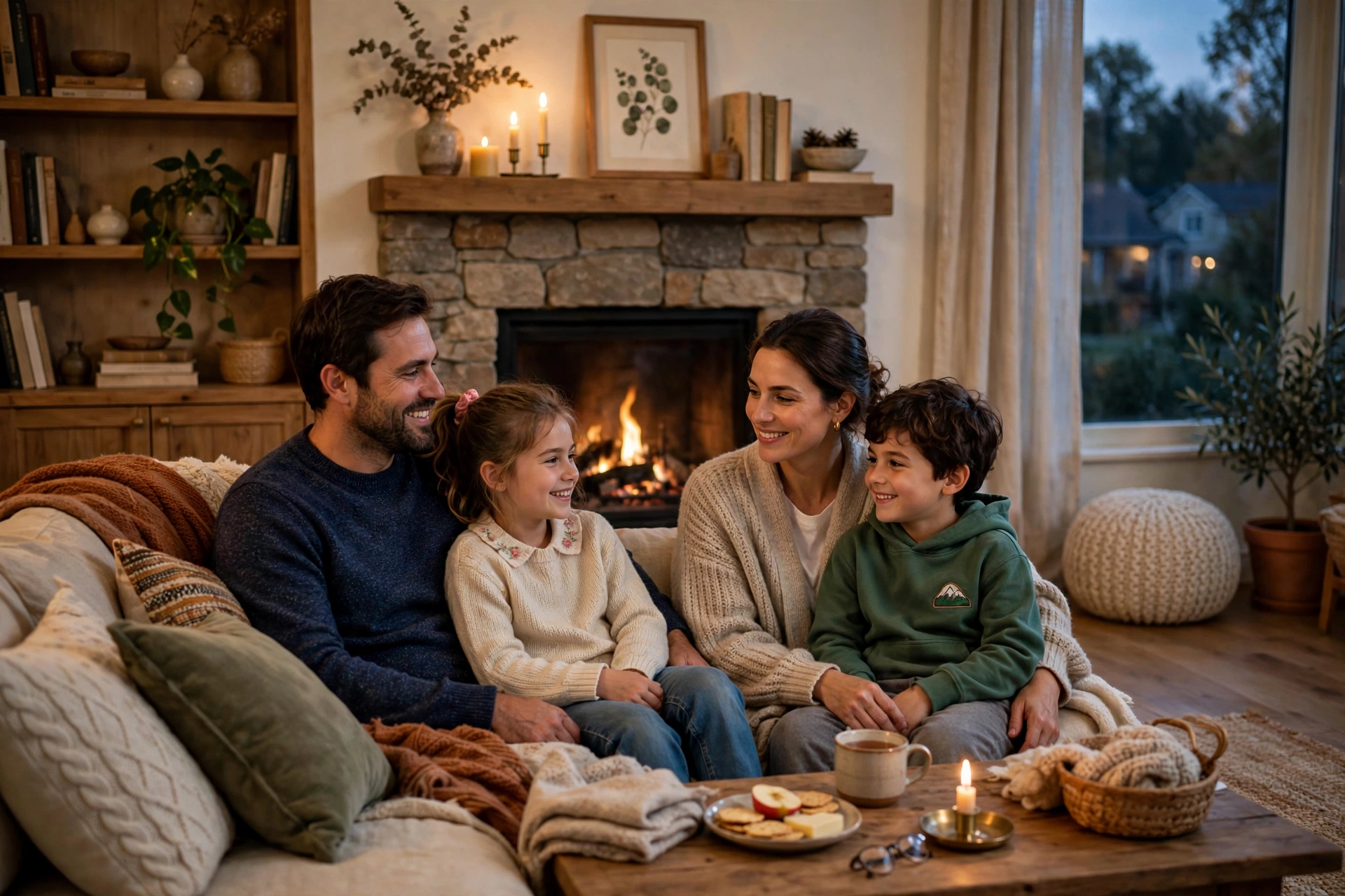 Family gathered by a fireplace in a cozy living room, illustrative photo