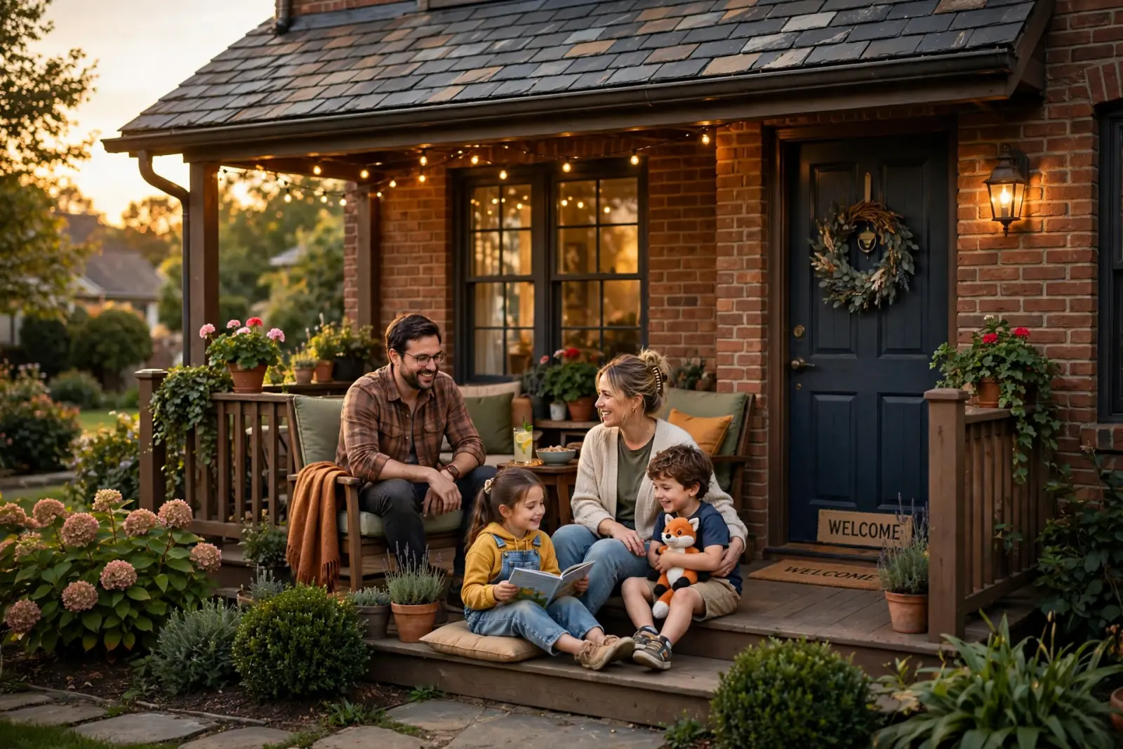 Family on the porch of a brick home in warm evening light, illustrative photo