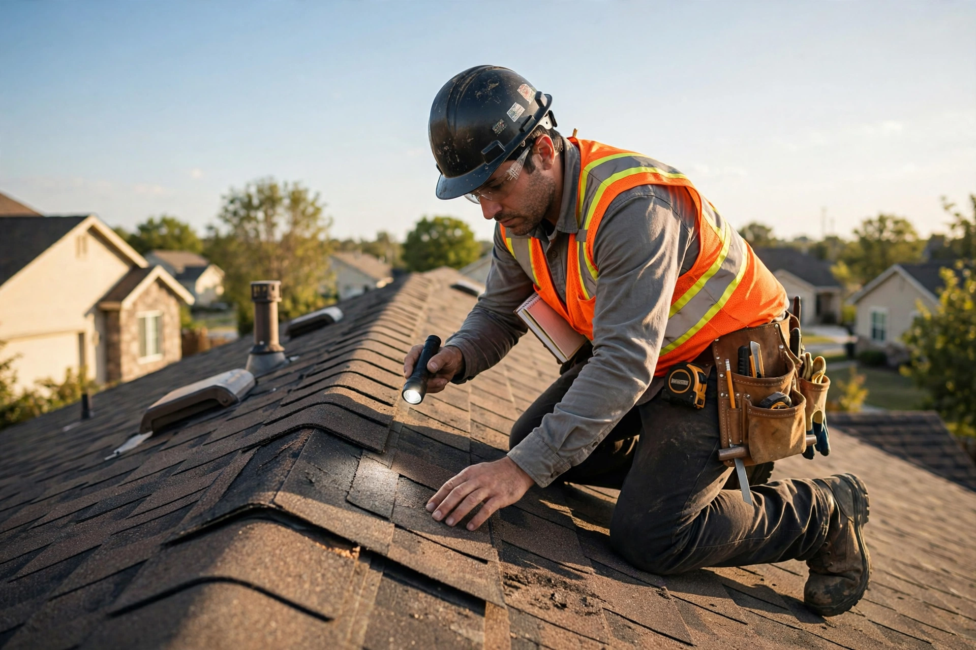 Roofer inspecting shingles on a residential roof, illustrative photo